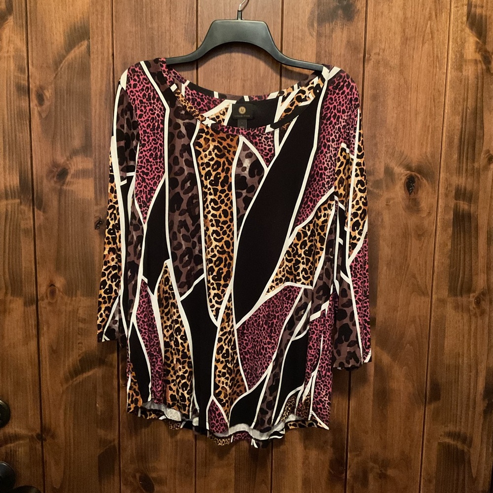 JM Collection Black, Pink & Tan Leopard-Print Long Sleeve Top